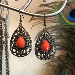 Brass / Orange Stone Teardrop Earrings